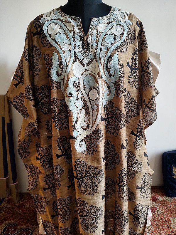 Big Paisley Embroidered Cotton Long Kaftan For Women