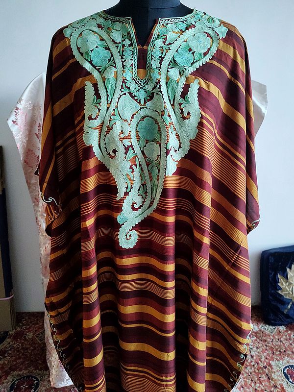 Flower Embroidered With Strip Pattern Long Cotton Kaftan For Women