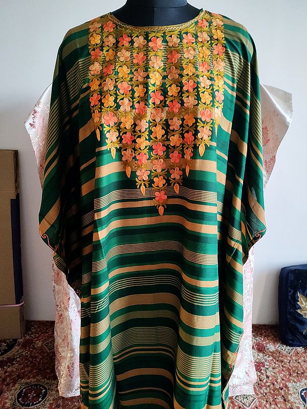 Small Flower Embroidered With Strip Pattern Long Cotton Kaftan For Casual Occasion