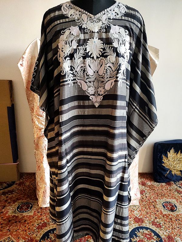 Cotton Shuttle-Grey Embroidered Long Kaftan For Women