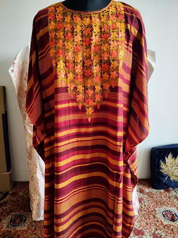 Cotton Flower Embroidered With Strip Pattern Long Kaftan For Casual Occasion