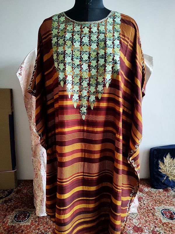 Strip Pattern With Small Flower Embroidered Long Cotton Kaftan For Women