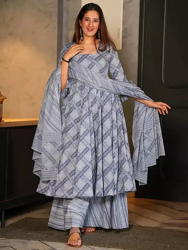 French Grey Cotton Silk Digital Print Gown With Bottom & Cotton Duppatta