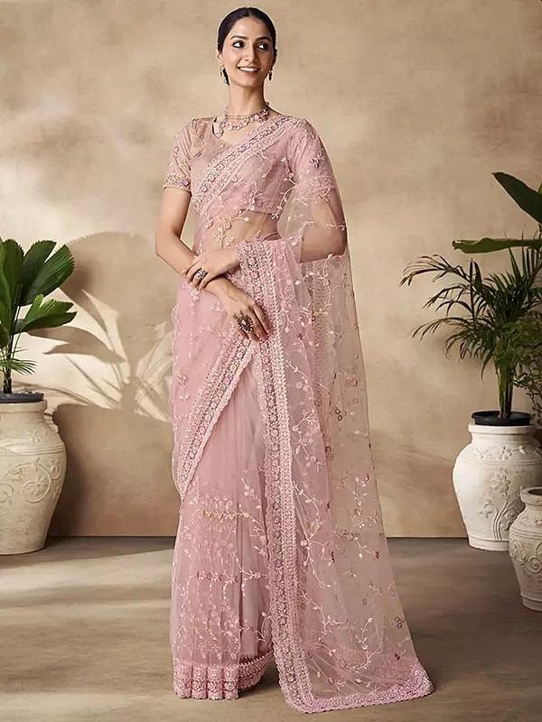 Rose-Gold Net Sequins With Thread & Zarkan Work Saree With Blouse