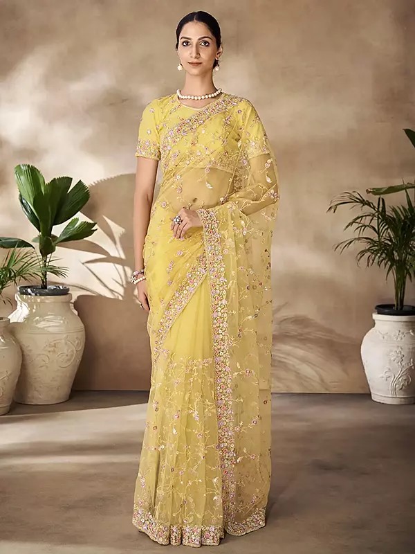 Saffron-Mango Net Sequins With Thread Work & Zarkan Work Saree With Blouse