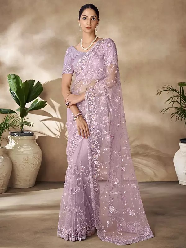 Wisteria-Purple Sequins With Thread Work & Zarkan Work Saree With Blouse