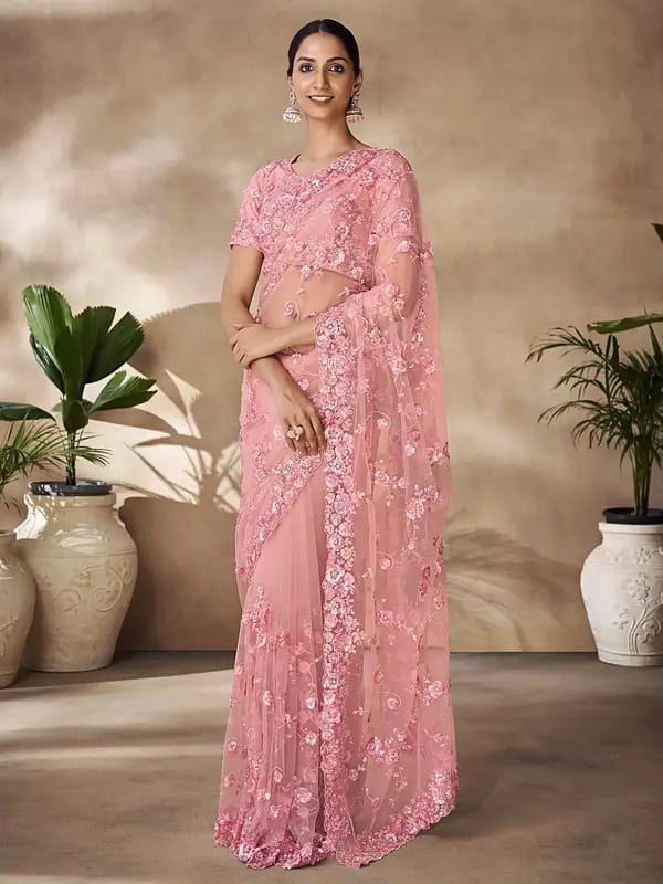 Sweet-Pink Sequins With Thread Work & Zarkan Work Saree With Blouse