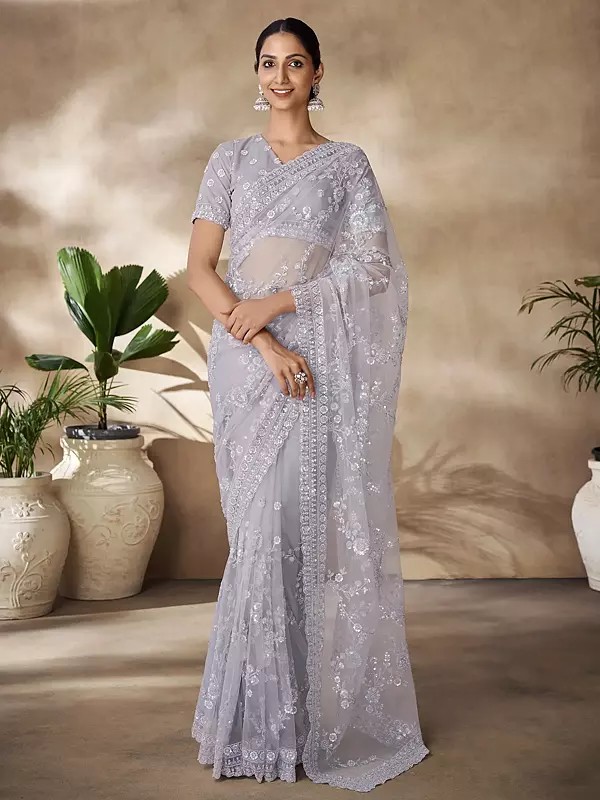 Lavender-Grey Net Sequins With Thread Work & Zarkan Work Saree With Blouse