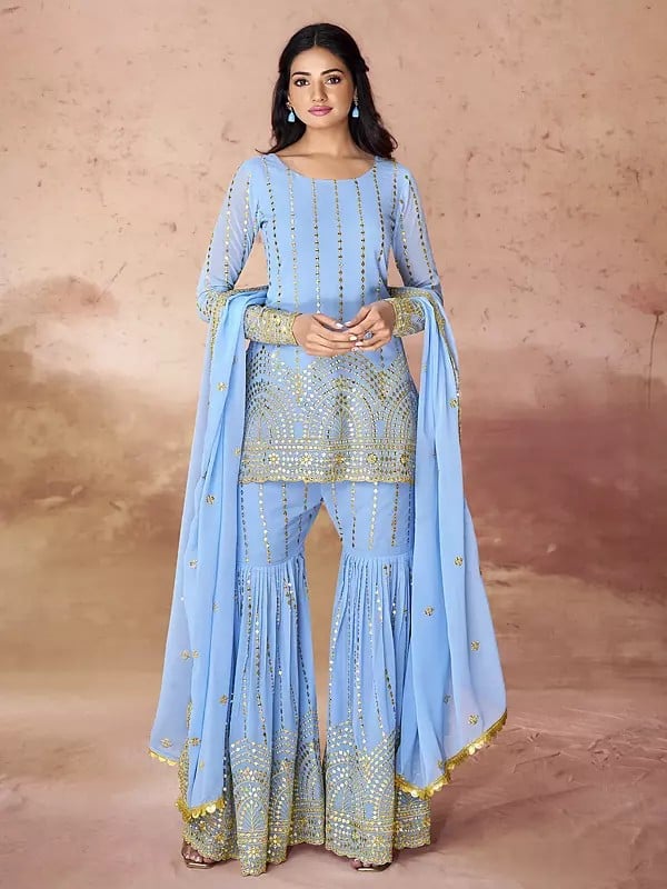 Light-Cornflower-Blue Georgette Palazzo Suit With Designer Embroidered Dupatta