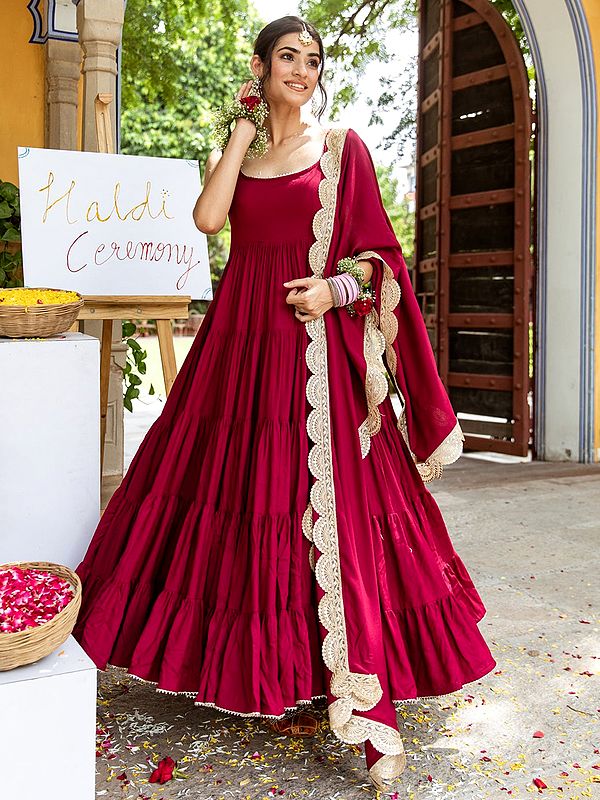 Vivid-Burgundy Pure Rayon Solid Anarkali Gown With Dupatta For Festival Occasion