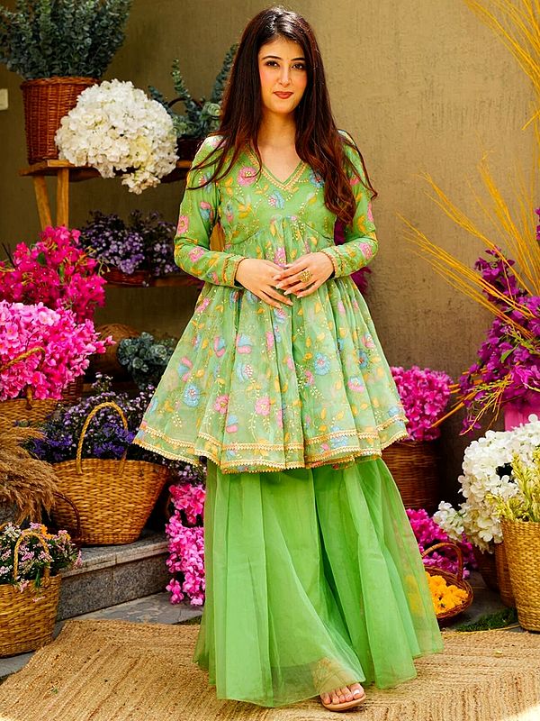 Pista-Green Organza Sequins & Zari Work Palazzo Suit With Designer Dupatta