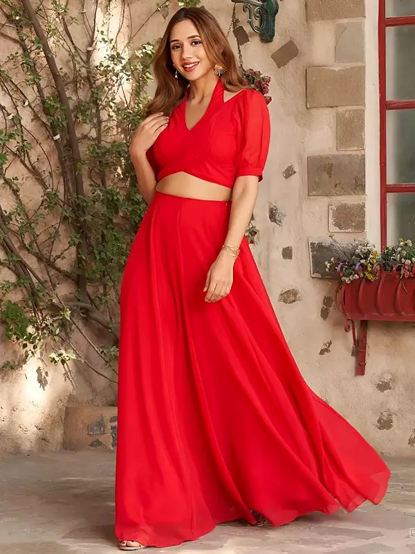 Cadmium-Red Georgette Solid Party Wear Lehenga With Designer Crop Top