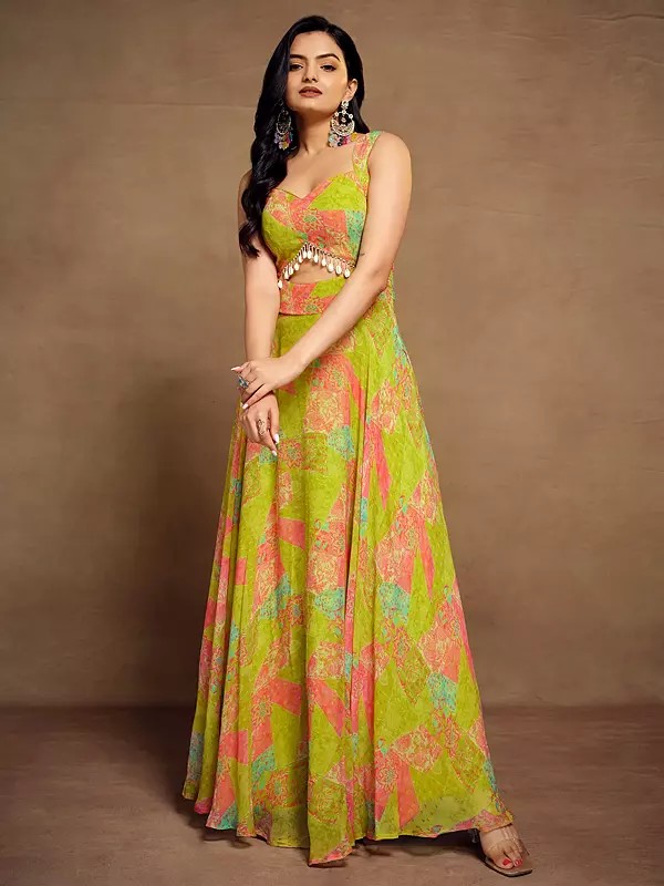 Olive-Yellow Georgette Printed Designer Party Wear Gown