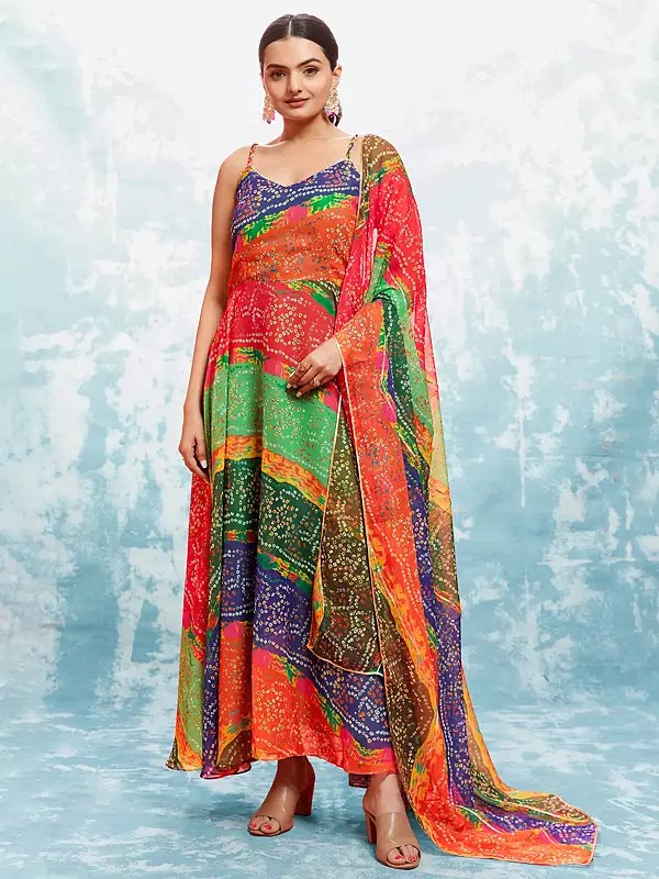 Multicolor Georgette Printed Designer Bandhani Art Gown With Dupatta