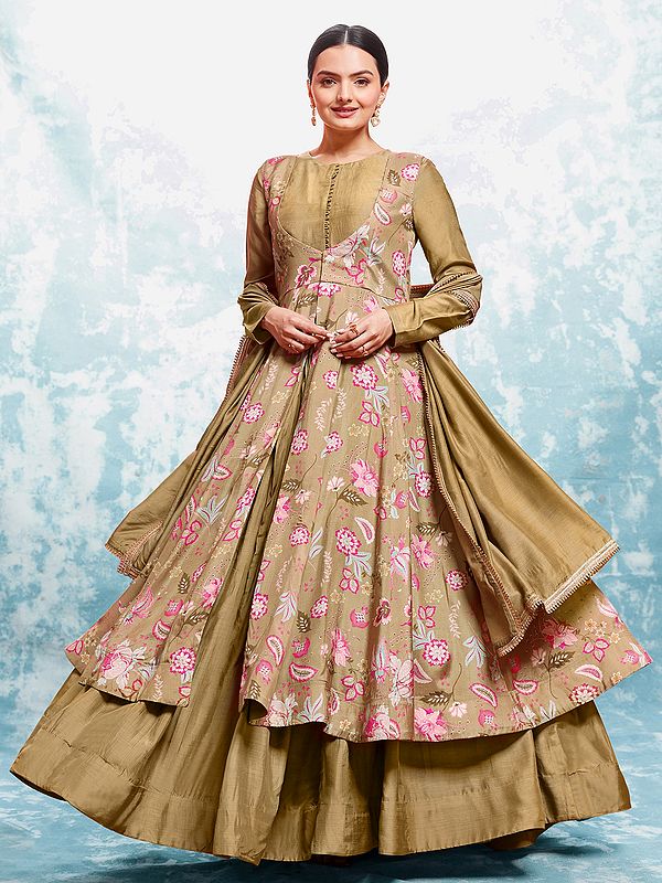 Limed-Oak Muslin Flower And Leaf Printed Gown With Dupatta