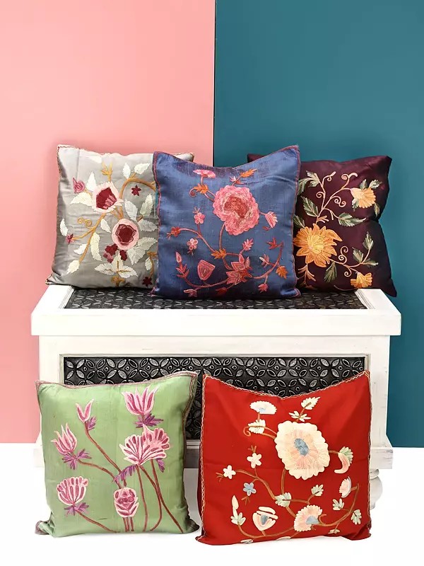 Lot of Five Cushion Covers from Kashmir with Ari Embroidered Flowers