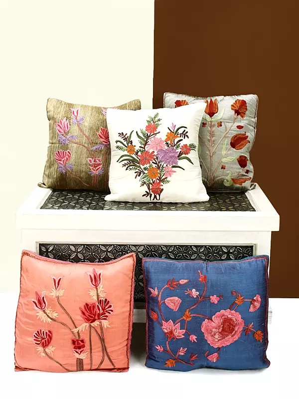 Lot of Five Cushion Covers from Kashmir with Ari Embroidery