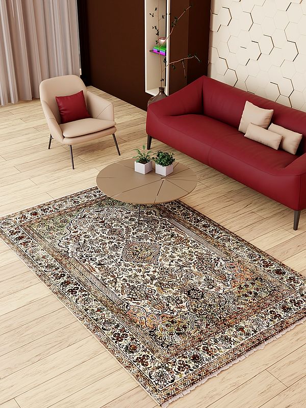70" x 49" Beige Handmade Pure Silk on Silk Superfine Carpet from Kashmir