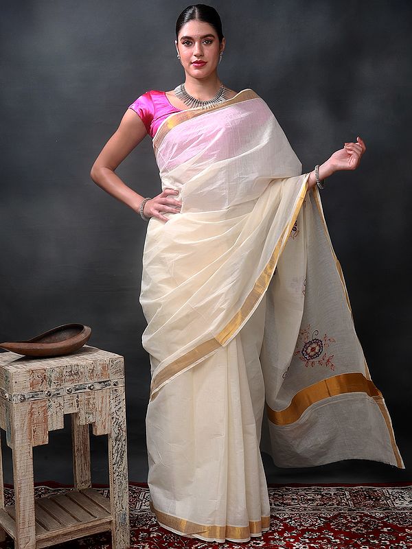 Winter-White Kasavu Sari from Kerala with Bold Embroidered Flowers and Golden Border