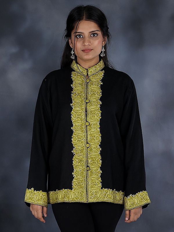 Black and Antique Gold Kashmiri Jacket with Aari-Embroidered Paisleys