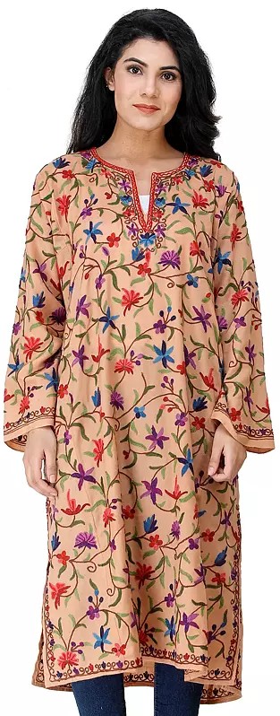 Phiran from Kashmir with Aari Hand-Embroidered Multicolor Flowers All-Over