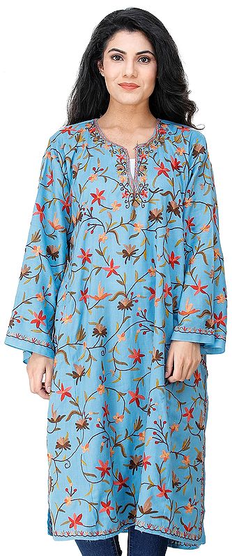 Phiran from Kashmir with Aari Hand-Embroidered Multicolor Flowers All-Over