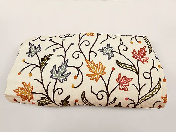 Pristine-White Fabric from Kashmir with Aari Hand-Embroidered Maple Leaves in Multi-color Thread