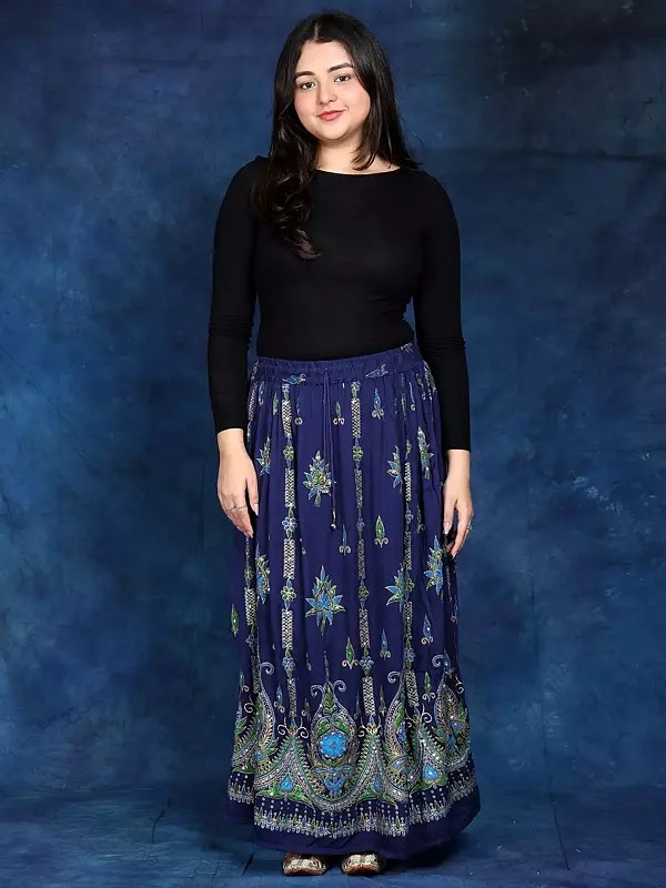 Long Skirt with Printed Flowers and Embroidered Sequins