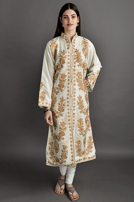 Snow-White Long Woolen Jacket from Kashmir with Aari-Embroidered Giant Golden Flowers