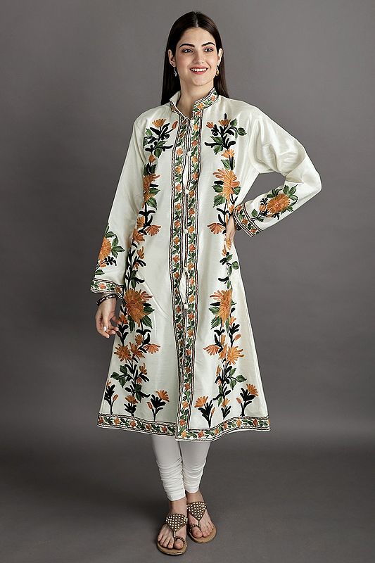 Star-White Long Kashmiri Silk Jacket with Aari-Embroidered Multicolor Flowers