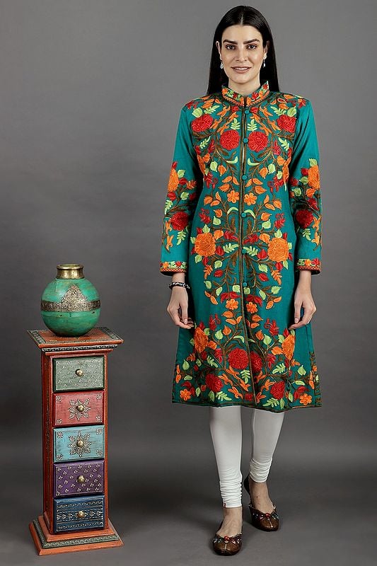 Long Wool Jacket from Kashmir with Aari-Embroidered with Giant Flowers