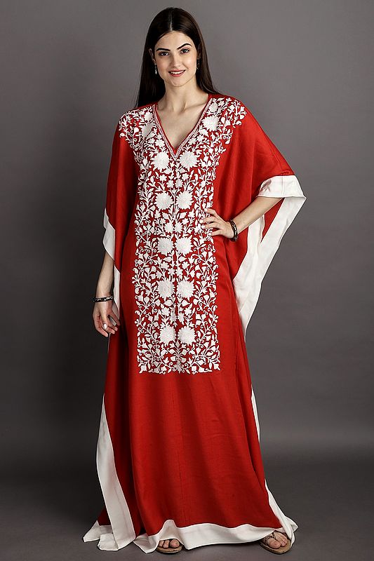 True-Red Woolen Kaftan from Kashmir With Aari Embroidered White Flowers