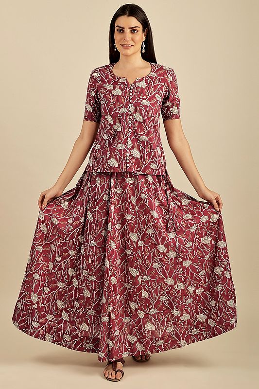 "Lavanya” The Red Hue – Hand Block Printed Paneled Flared Skirt with Front Open Top