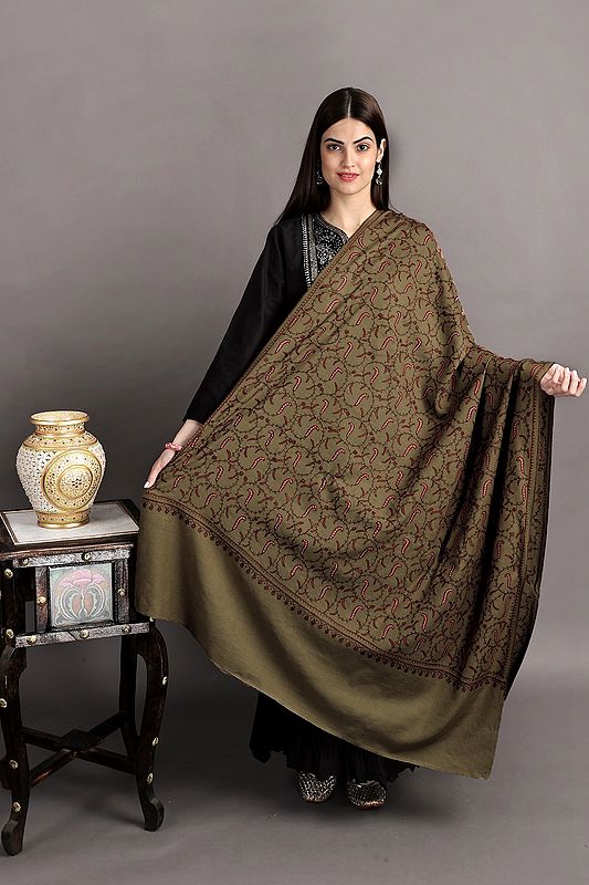 Tusha Shawl from Kashmir with Sozni Hand-Embroidered Floral Vines and Paisleys