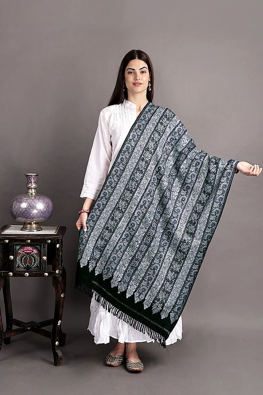 Black-Beauty Woolen Stole from Kashmir with Aari-Embroidered Floral Vines By Hand