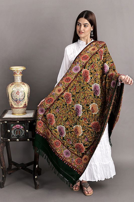 Greener-Pastures Kashmiri Stole with Aari-Hand Embroidered Giant Flowers