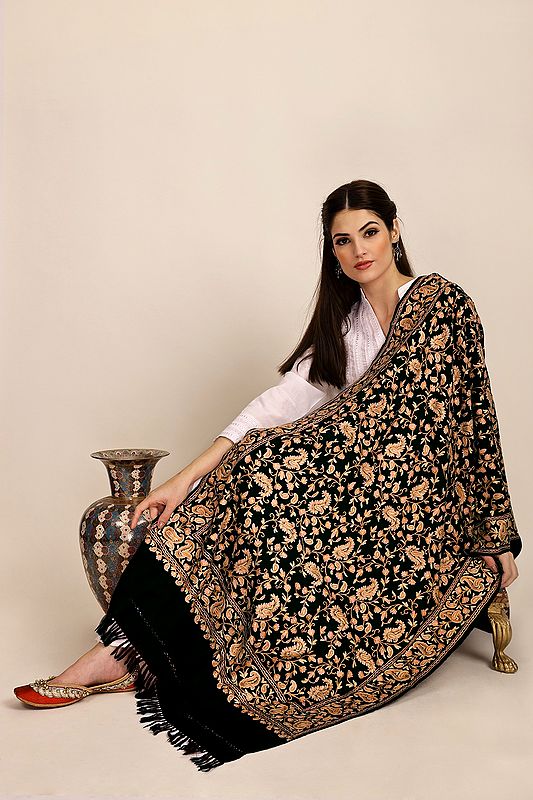 Woolen Stole from Kashmir with Aari-Embroidered Floral Paisley