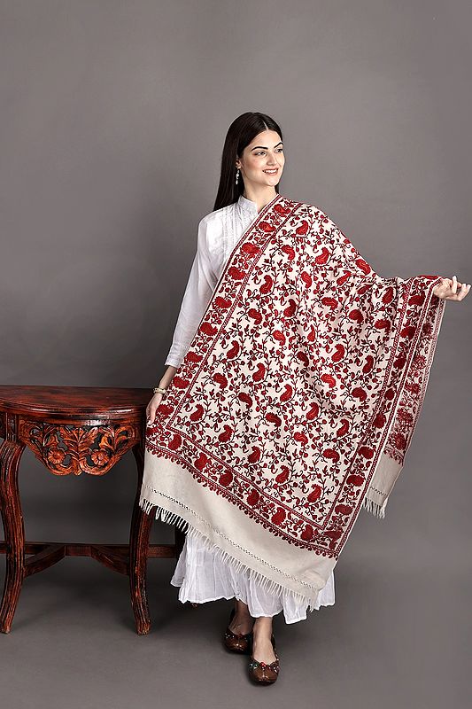 Woolen Stole from Kashmir with Aari-Embroidered Floral Paisley