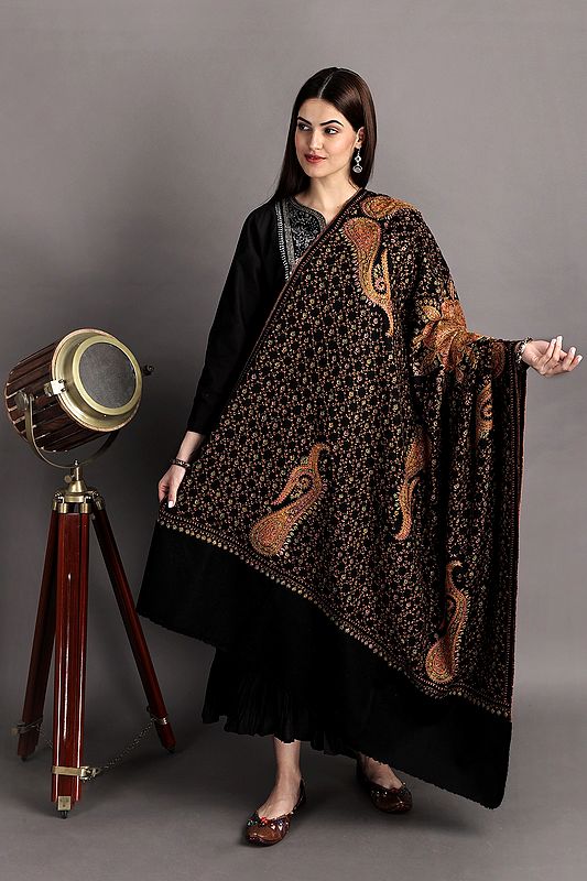 Kashmiri Tusha Shawl with Sozni Hand-Embroidered Giant Mandala and Paisleys