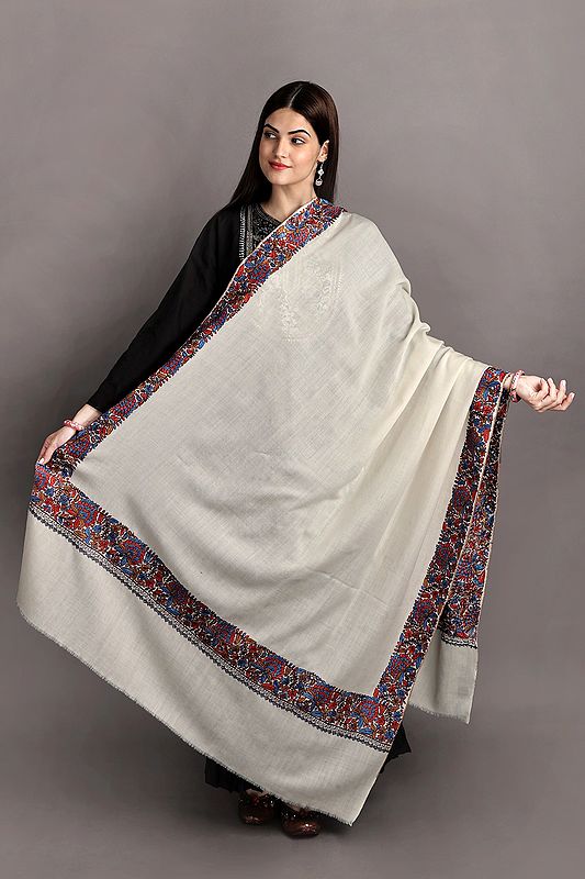 Cloud-Cream Plain Tusha Shawl from Kashmir with Needle Embroidery by Hand on Border