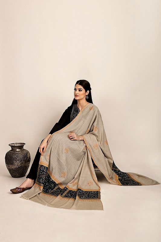 French-Oak Handloom Pure Pashmina Shawl from Kashmir with Sozni-Embroidery by Hand