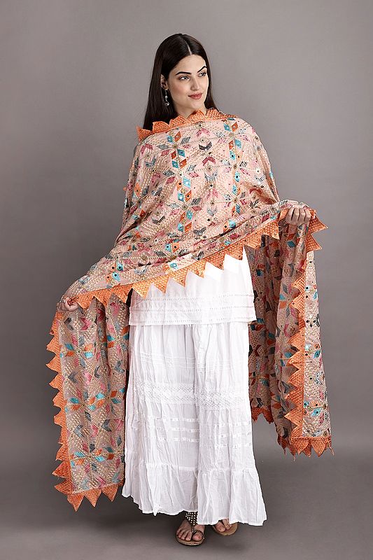 Phulkari Dupatta from Punjab with Multicolor Geometric Patterns and Beaded Zari Border