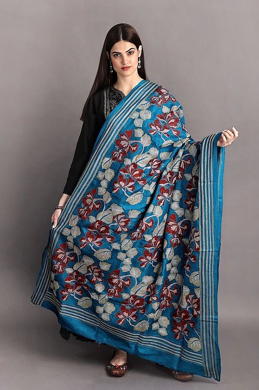 Blue-Jewel Kantha Dupatta With Multicolored Embroidered Flowers By Hand From Bengal