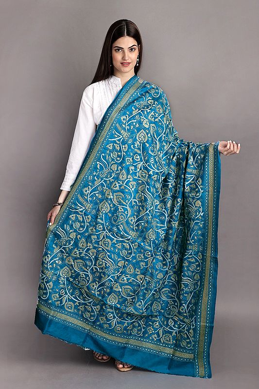 Hawaiian-Surf Kantha Dupatta With Embroidered Flowers By Hand From Bengal