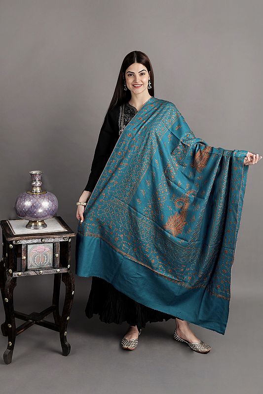 Navagio-Bay Tusha Shawl from Kashmir with Sozni Hand-Embroidered Floral Vines and Paisleys