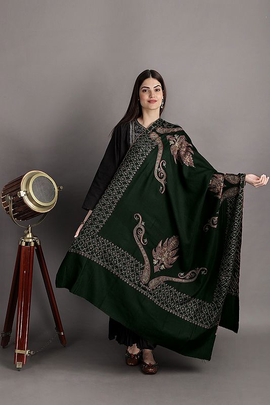 Pine-Grove Tusha Shawl from Kashmir with Sozni Hand-Embroidered Floral Vines and Leaf