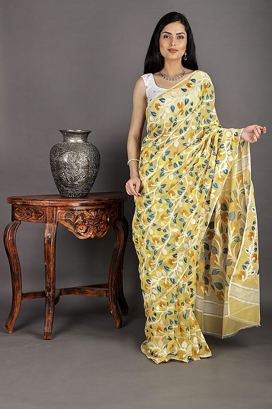 Dhakai Sari from Bengal with Leaf and Flowers All-Over