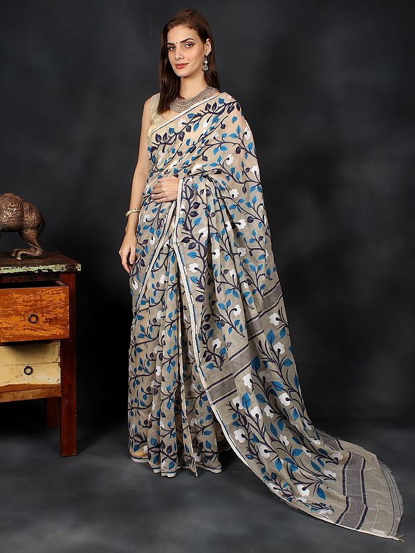 Dhakai Sari from Bengal with Leaf and Flowers All-Over