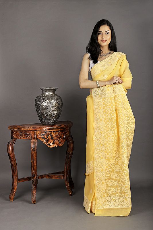 Beach-Ball Cotton Saree from Lucknow with Chikan Hand-Embroidered Leaf and Flowers on Anchal