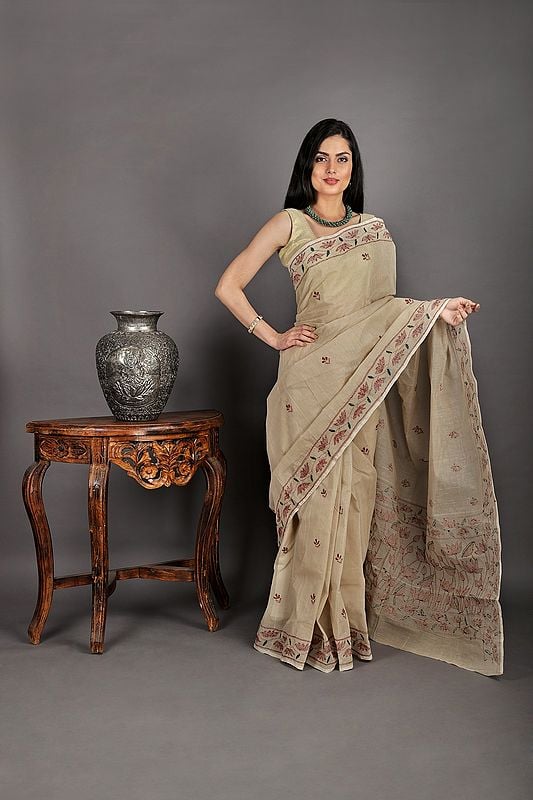 Safari Cotton Sari from Bengal with Kantha Hand-Embroidery on Border and Anchal
